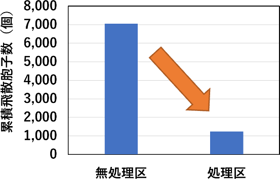 青森りんご研究所内の樹園地にて調査した、落葉収集によるリンゴ黒星病原因菌の飛散胞子数の変化を示した図。処理区では8～9割の除去率を達成。