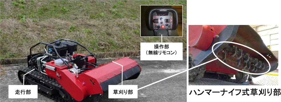 ハンマーナイフ方式の草刈り部を採用したリモコン草刈機の写真