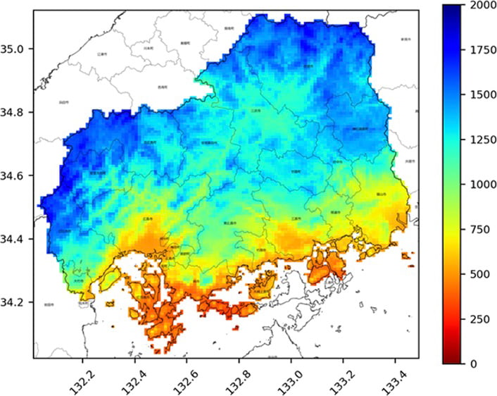 図：果樹アプリで表示された低温積算時間の現況マップ