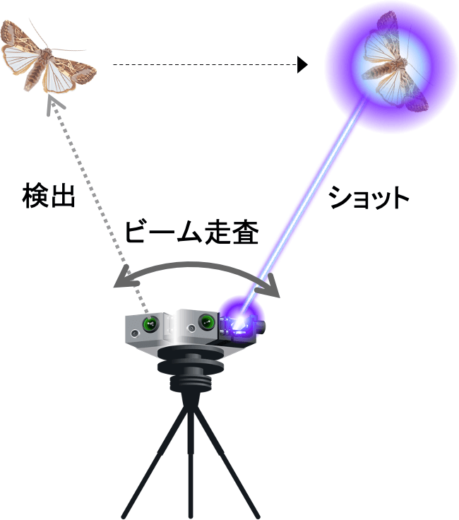 ハスモンヨトウ等の飛翔害虫をレーザー光で撃墜するイメージ図。