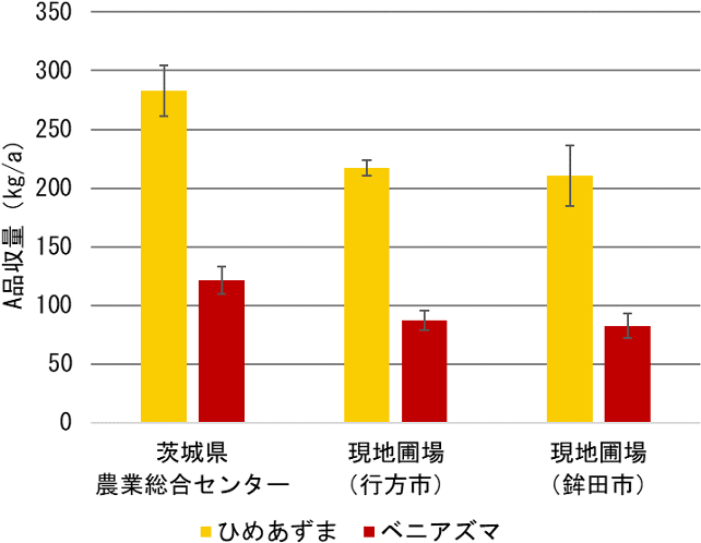 「ひめあずま」と「ベニアズマ」のA品（外観品質が良好ないも）の収量を、茨城県農業総合センター、行方市現地圃場、鉾田市現地圃場の3か所の圃場で比較した図。ひめあずまのほうがA品収量が多い。