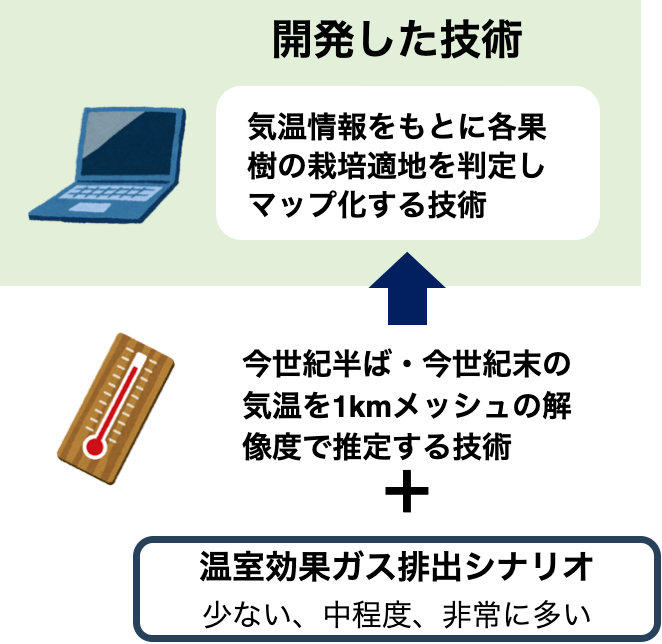 気温将来予測をもとに1kmメッシュの解像度で推定する技術を開発し、温室効果ガス排出シナリオの下で、将来における果樹の栽培に適した地域を予測する技術を開発。
