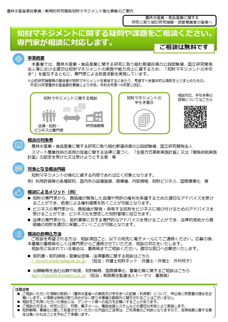 相談案内のパンフレットです。知財マネジメントに関する疑問や課題をご相談ください。