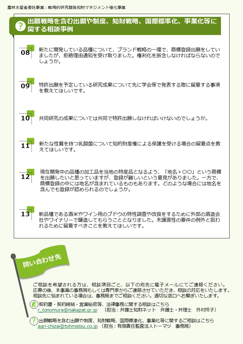 知財マネジメントに関する相談事例です。過去に専門家に寄せられた相談内容を基に、どのような相談ができるのかご紹介します。