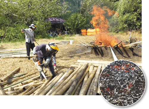 写真:バイオ炭をつくる様子